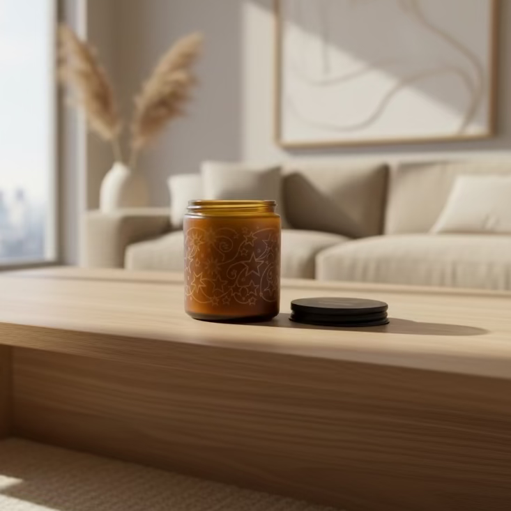Candle jar on a wooden surface with a blurred living room background