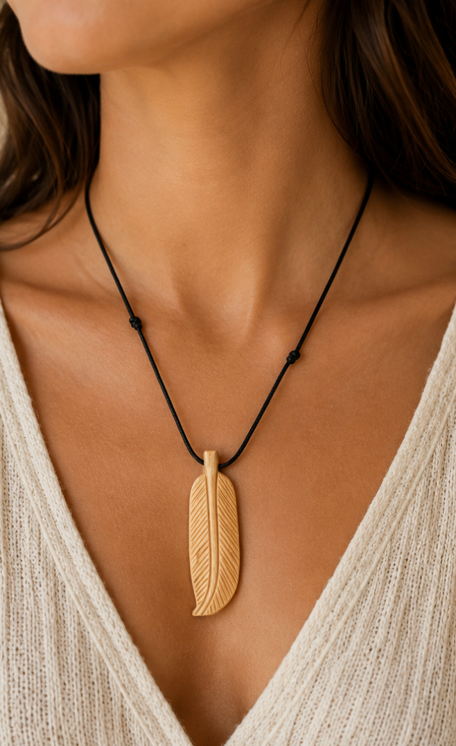 Hand-Carved Palo Santo Feather Necklace